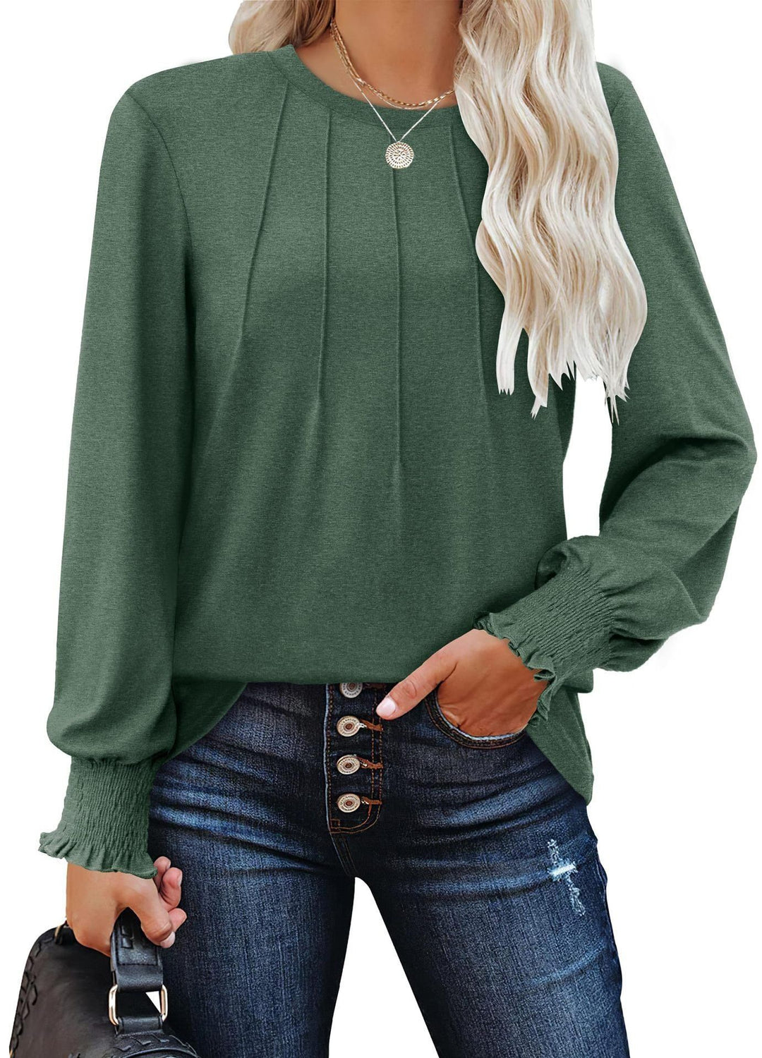 Damen Longsleeve-Tunika mit senkrechten Biesen und gerafften Rüschbündchen EB