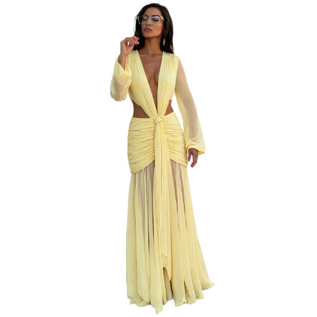 Damen Maxikleid mit raffinierten Drapierungen und tiefem V-Ausschnitt EB