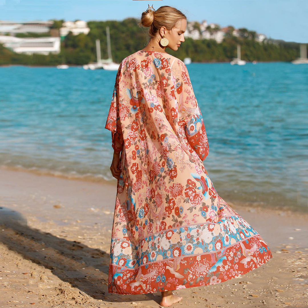 Damen floraler Strandkimono mit weit geschnittenen Ärmel EB