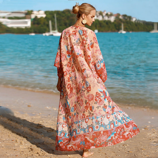 Damen floraler Strandkimono mit weit geschnittenen Ärmel EB