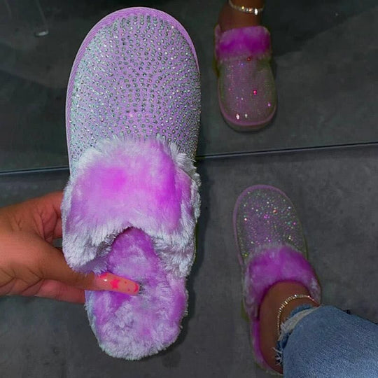 Damen Glamouröse Hausschuhe mit Glitzer und weichem Fell EB