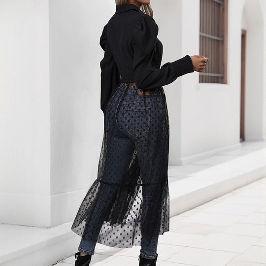 Damen elegantes Maxikleid mit transparenter Überlagerung und taillierbarem Gürtel EB