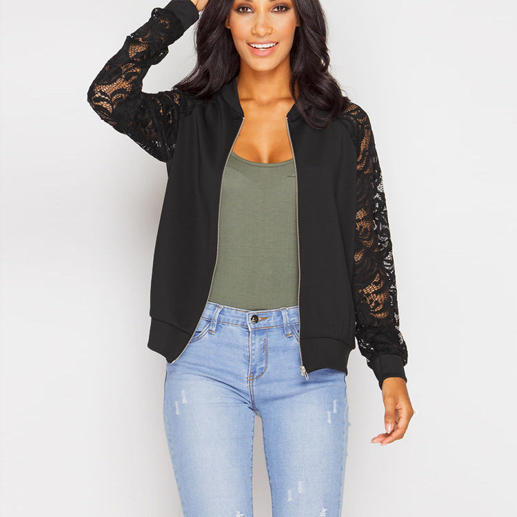 Damen Sportliche Bomberjacke mit Spitzenärmel EB