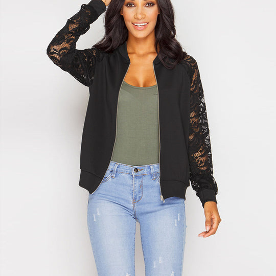 Damen Sportliche Bomberjacke mit Spitzenärmel EB