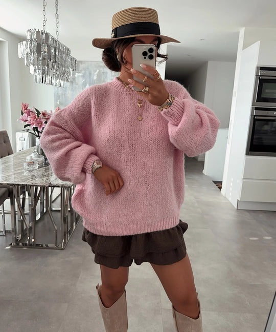 Damen Strickpullover mit voluminösen Ärmeln und feiner Struktur EB