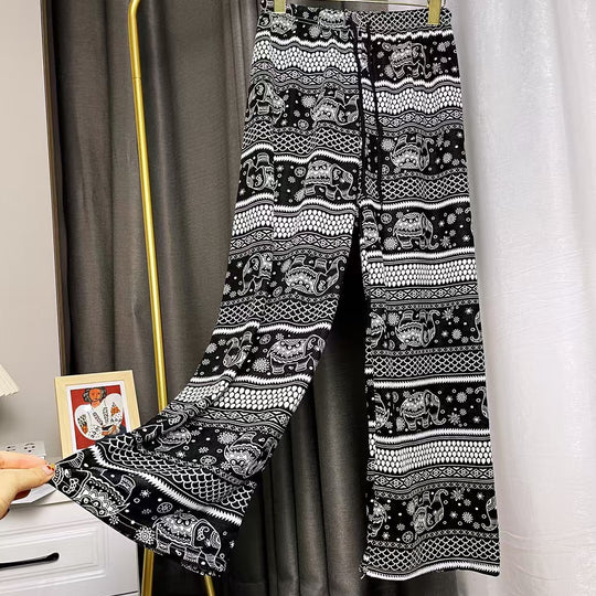 Damen Lässige Palazzo-Hose mit Elefantenmuster und elastischem Bund EB