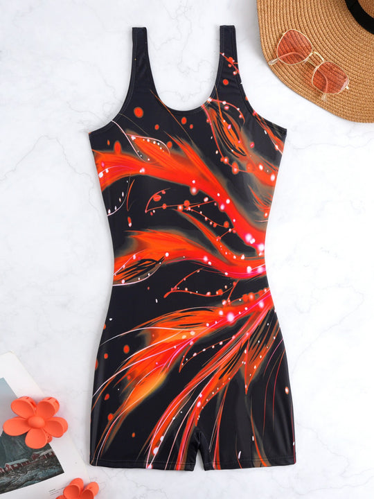 Damen Einteiliger Badeanzug mit sportlichem Design und buntem Grafikmuster EB