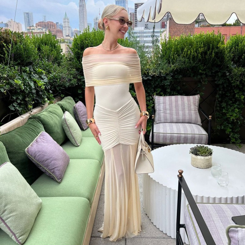 Damen Elegantes Maxi-Kleid mit schulterfreiem Design und Raffungen EB
