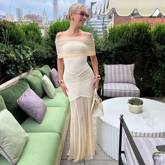Damen Elegantes Maxi-Kleid mit schulterfreiem Design und Raffungen EB