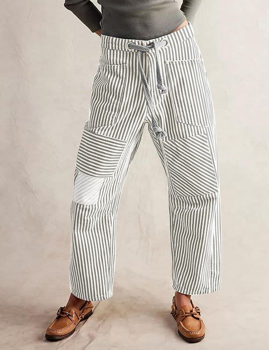 Damen nan lässige gestreifte Leinenhose mit Kordelzug und aufgesetzten Taschen EB