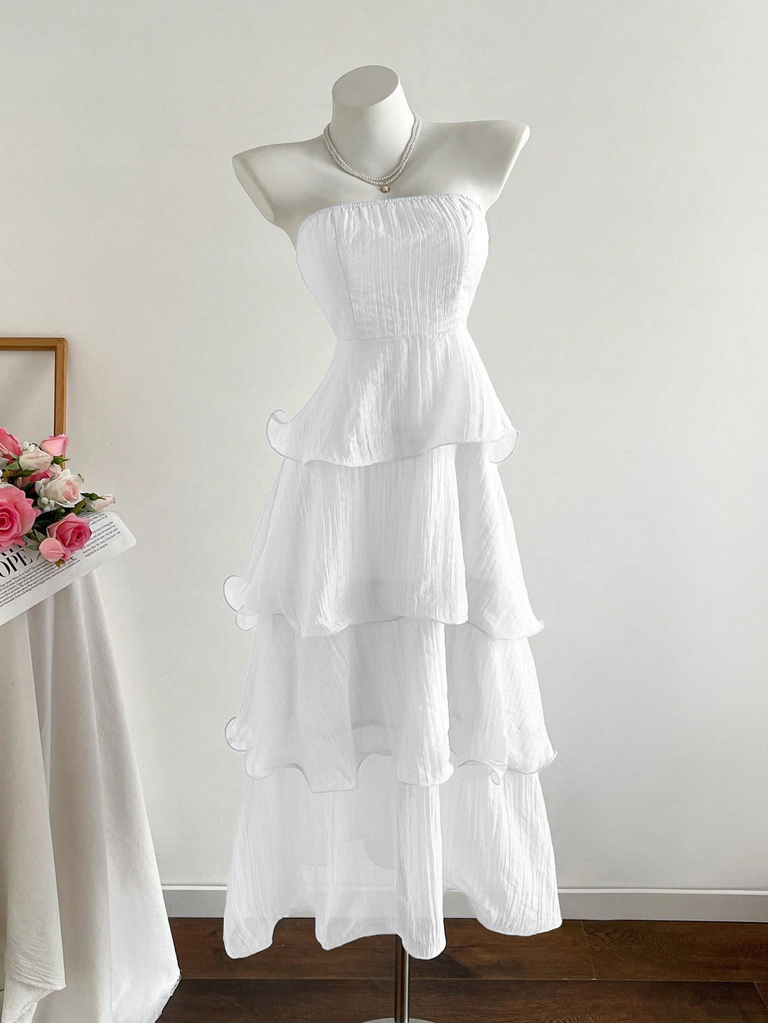 Damen langes Strandkleid mit voluminösen Rüschendetails EB