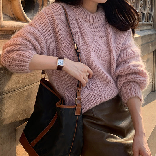 Damen Grob gestrickter Pullover mit hohem Kragen und weitem Schnitt EB