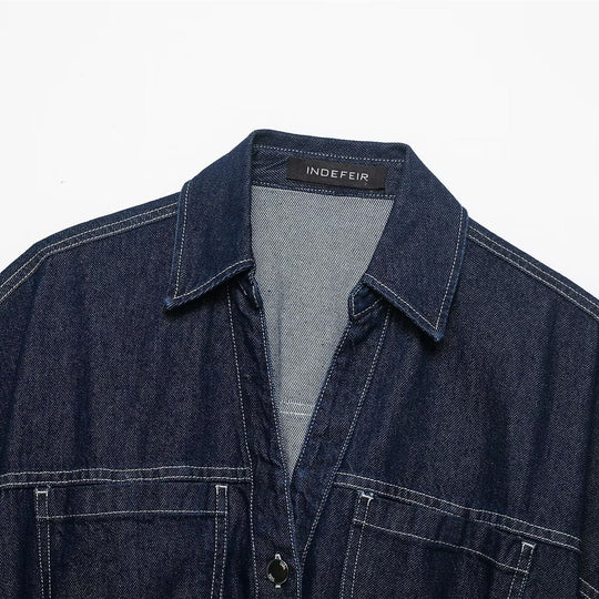 Damen Oversize Denim-Bluse mit praktischen Taschen und elastischem Saum EB
