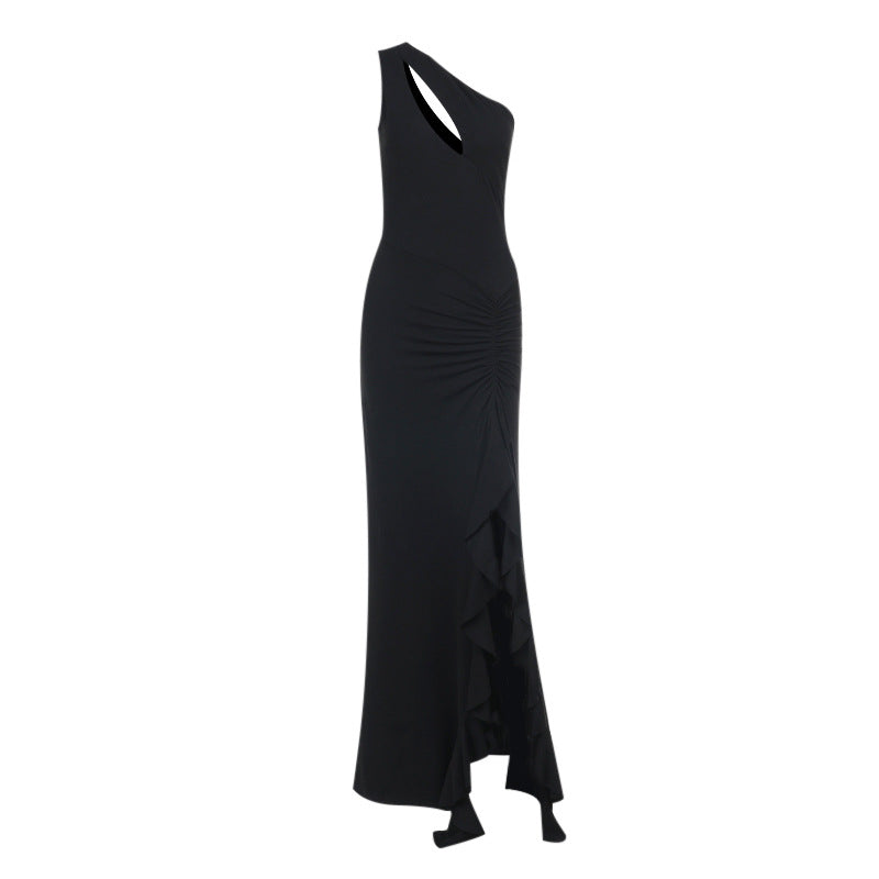 Damen elegantes asymmetrisches Maxikleid mit Rüschendetails EB
