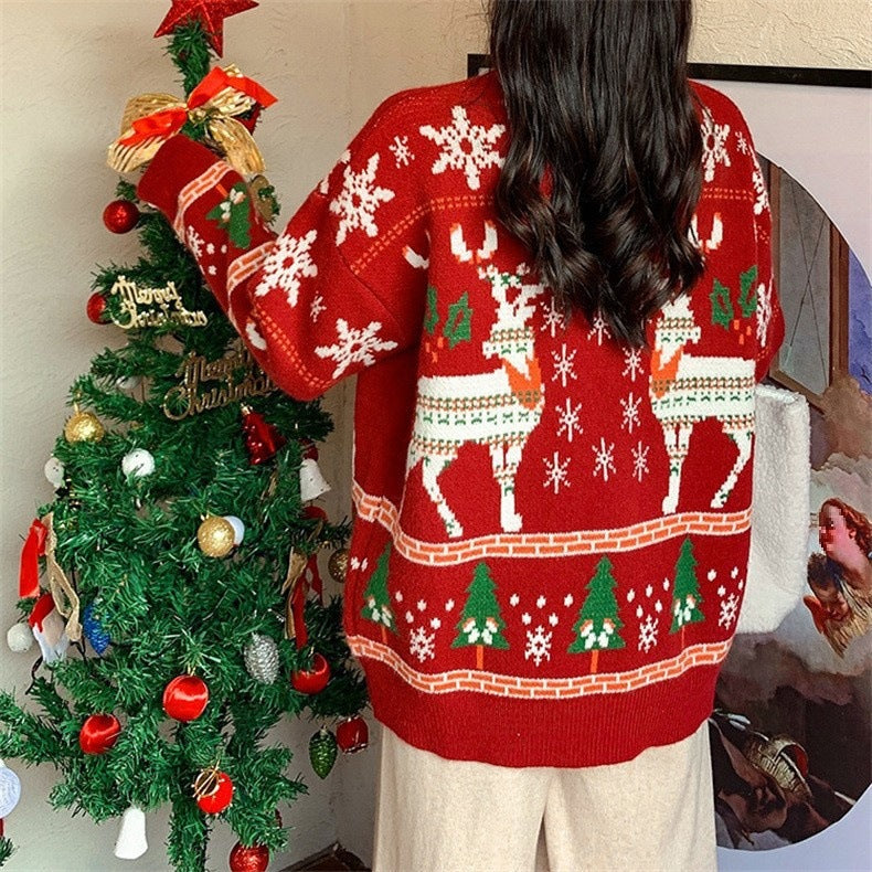 Damen Festlicher Pullover mit 3D-Rentier-Motiv und Hochkragen EB