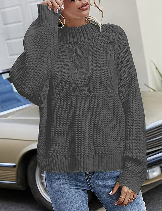 Damen lässiger Strickpullover mit tiefem Rundhalsausschnitt und lockerer Passform EB