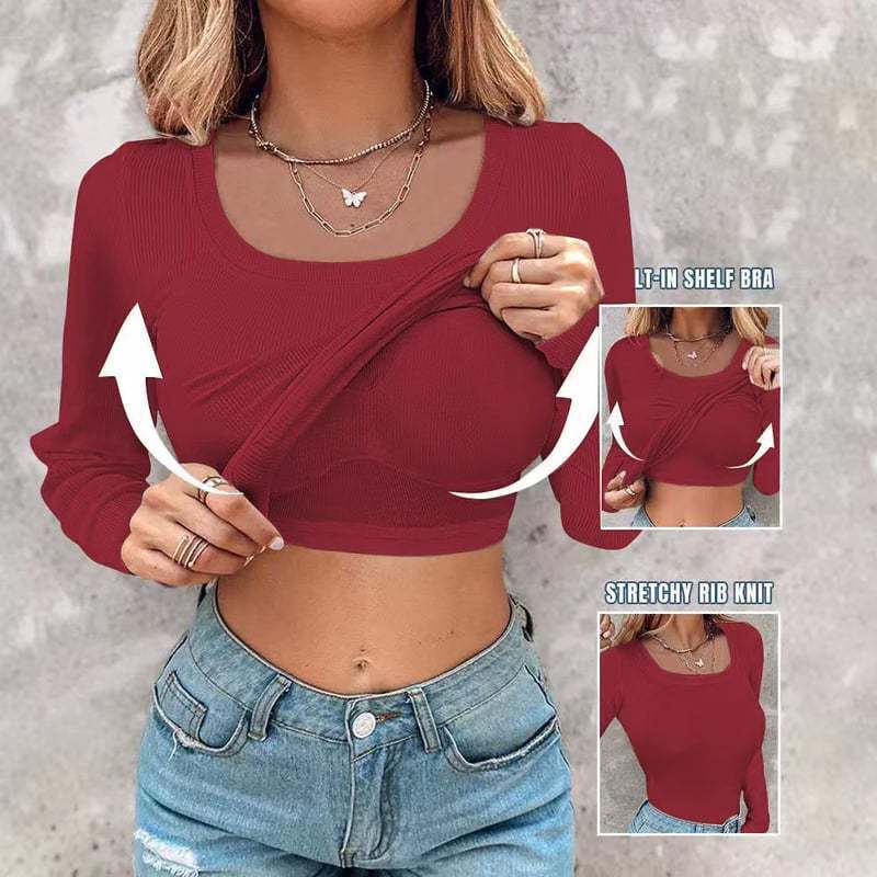 Damen Langarm Crop Top mit eingearbeitetem BH und elastischer Rippenstruktur EB