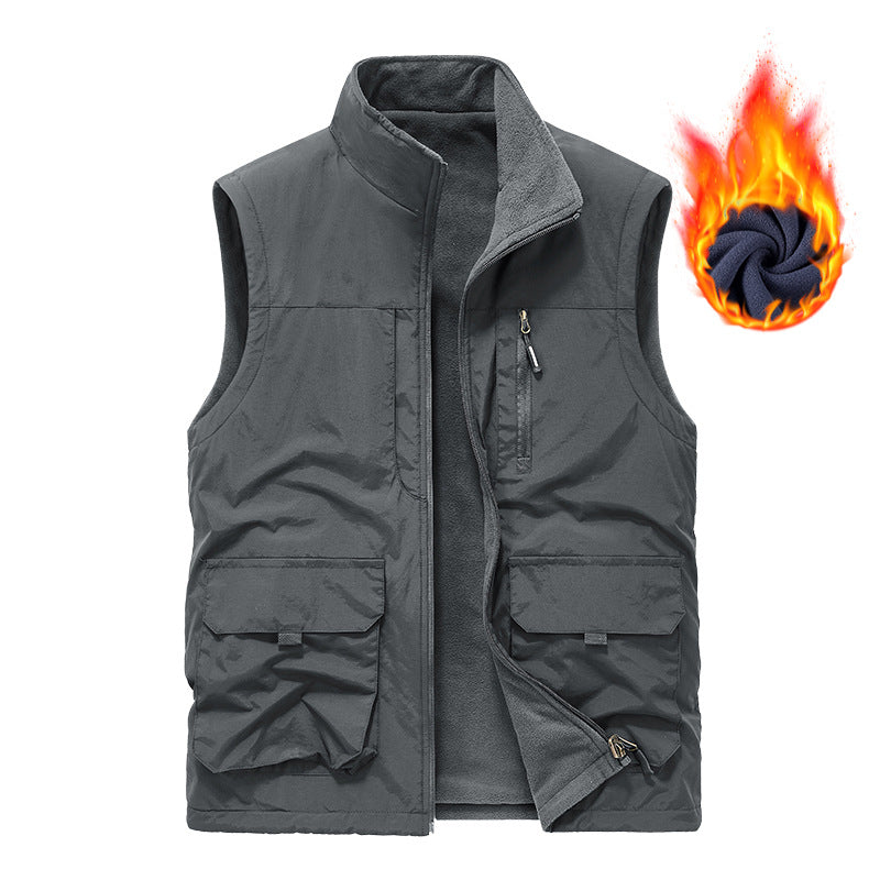 Herren thermische Fleece-Innenweste mit wasserabweisender Außenhülle, multiplen Utility-Taschen und hohem Stehkragen EB