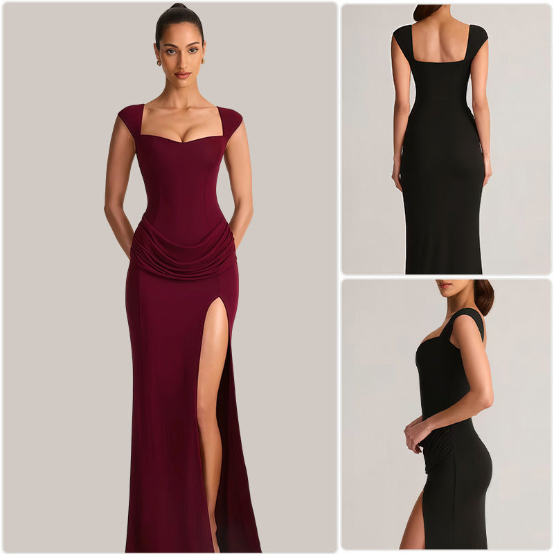 Damen Elegantes Maxikleid mit tiefem V-Ausschnitt und seitlichem Schlitz EB