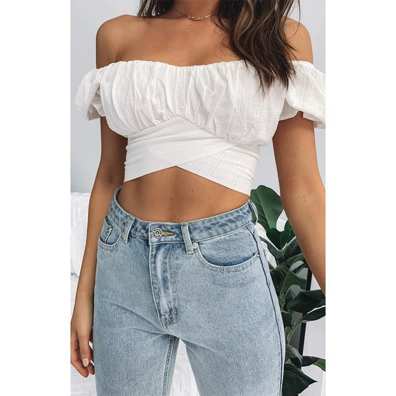 Damen Off-Shoulder Crop-Top mit Rüschendetails und elegantem Wickeldesign EB