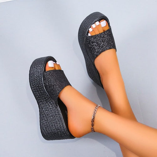 Damen Wedge-Pantoletten mit funkelndem Glamour-Design EB