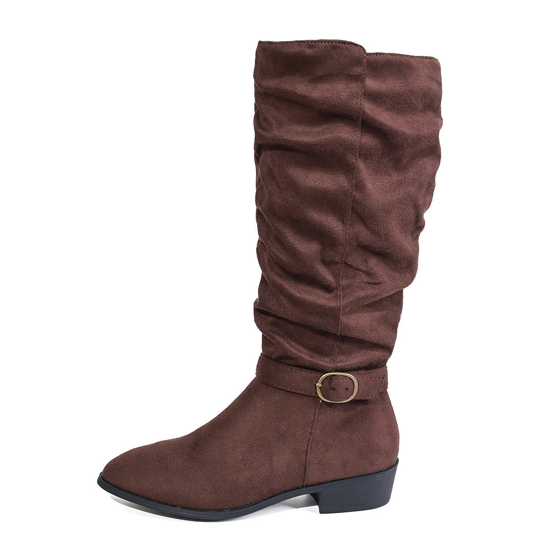 Damen kniehoher Slouch-Stiefel aus weichem Microvelours mit Ziergurt und niedrigem Blockabsatz EB