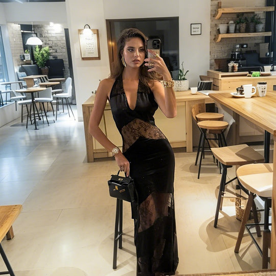 Damen Transparentes Spitzen-Maxikleid mit tiefem V-Ausschnitt und eleganter Silhouette EB