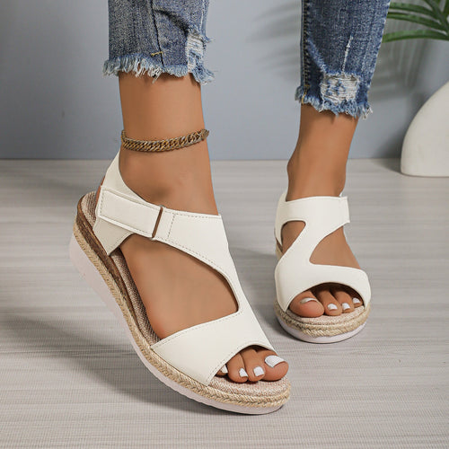 Damen bequeme Keilsandalen mit verstellbarem Riemen und Bastdetails EB