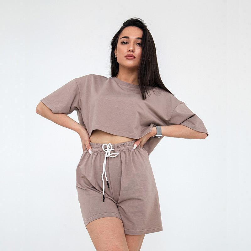 Damen Zweiteiliges Cropped-Lounge-Set aus Baumwolljersey mit elastischer Kordelzug-Shorts EB