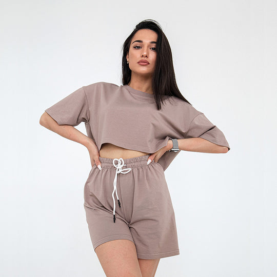 Damen Zweiteiliges Cropped-Lounge-Set aus Baumwolljersey mit elastischer Kordelzug-Shorts EB