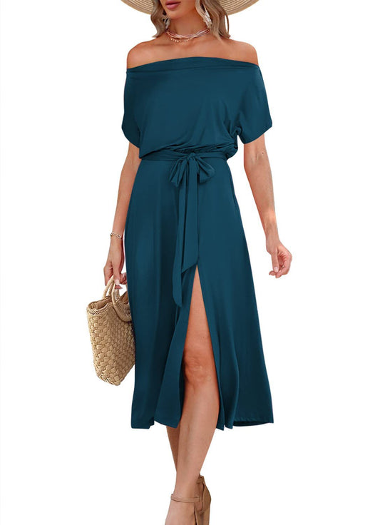 Damen Off-Shoulder Maxikleid mit Taillengürtel und seitlichem Schlitz EB