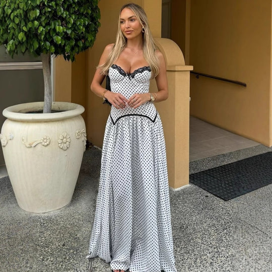 Damen Maxikleid mit gepunktetem Design und Spitzendetails EB