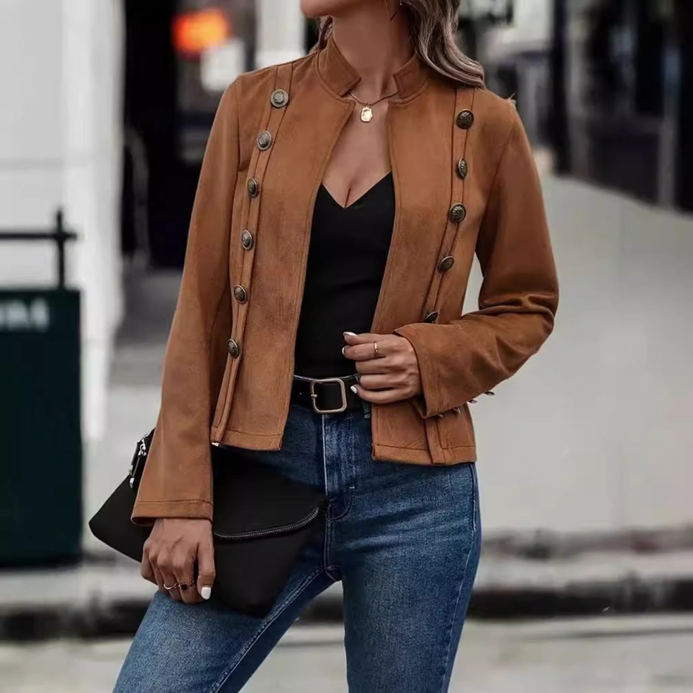 Damen schicke Suede-Jacke mit dekorativen Knöpfen EB