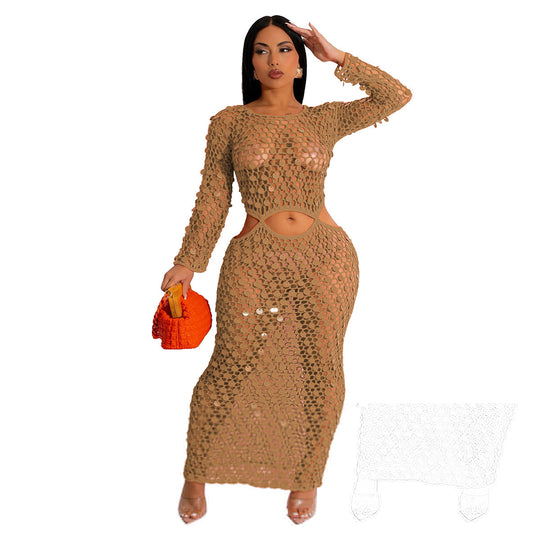 Damen Maxi-Kleid aus transparentem Häkelmaterial mit Cut-Out-Details EB
