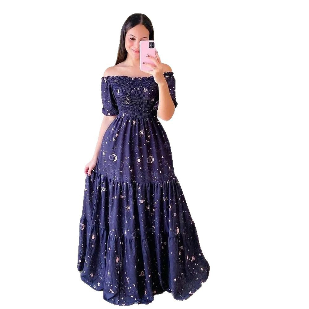 Damen Boho Maxikleid mit bezauberndem Mond- und Sternen-Motiv EB