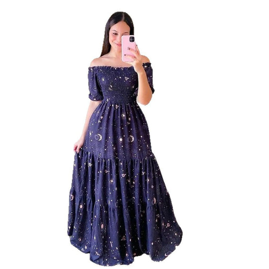 Damen Boho Maxikleid mit bezauberndem Mond- und Sternen-Motiv EB