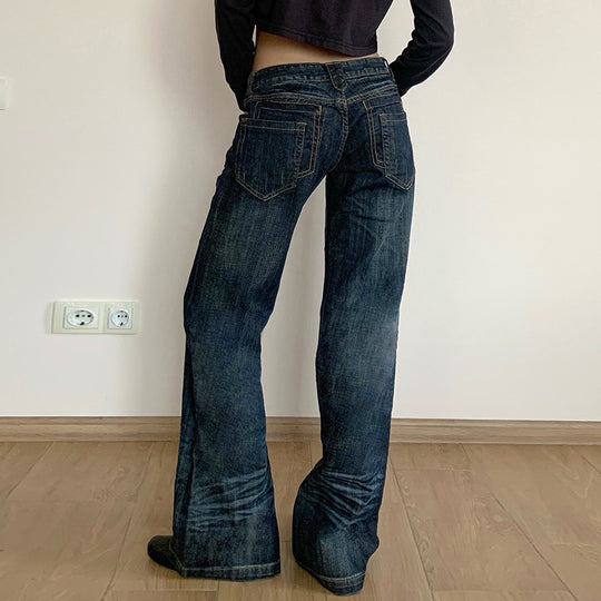Damen Weite Jeans im Vintage-Stil mit hohem Bund und modischen Steppnähten EB