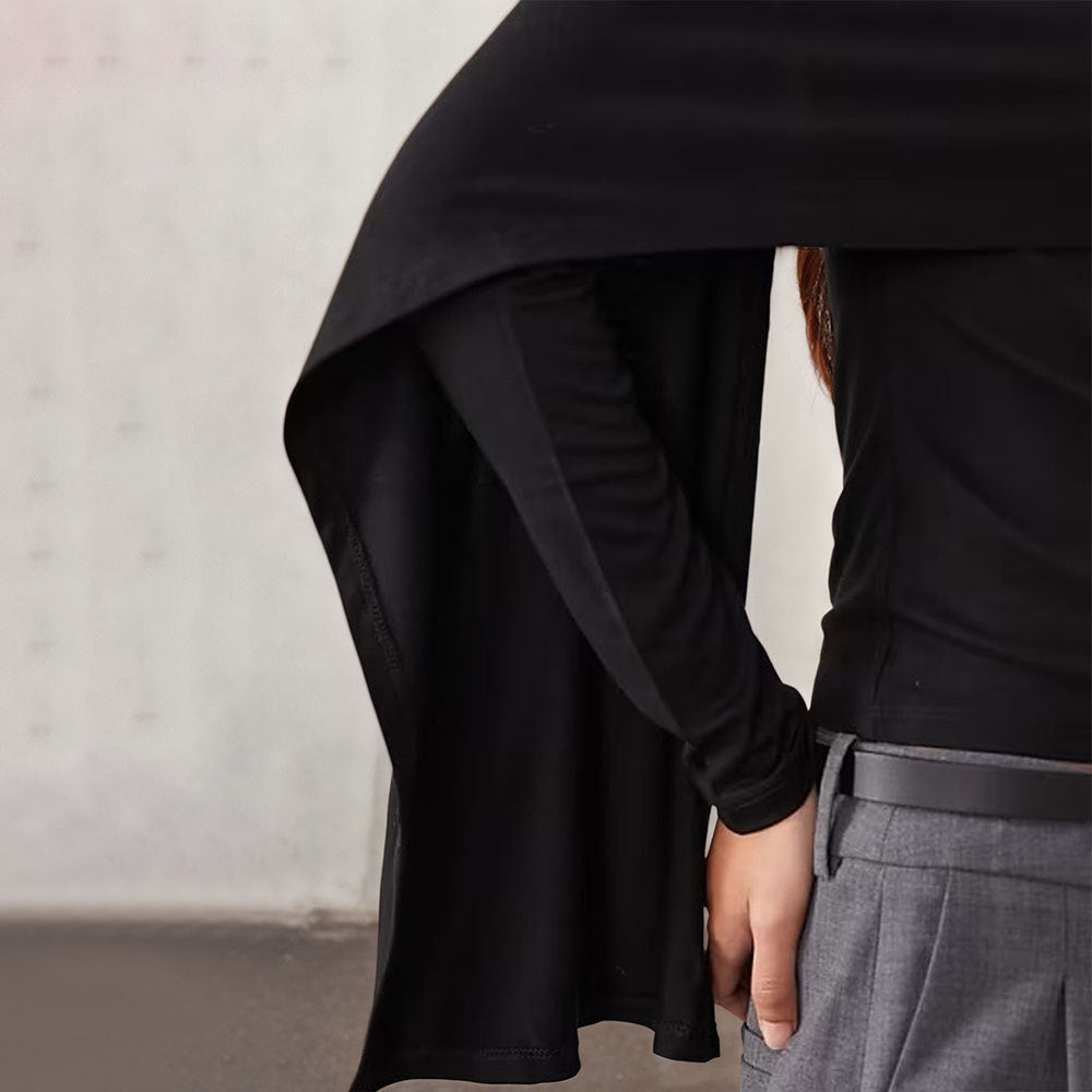 Damen asymmetrisches Cape-Longsleeve mit hohem Kragen und fließendem Overlay Eichborn Berlin