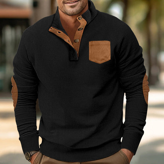 Herren eleganter Strickpullover mit Knopfleiste und kontrastierenden Ellbogenpatches EB
