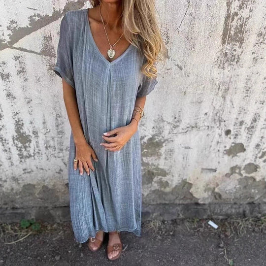 Damen lässiges Maxikleid aus leichtem Stoff mit V-Ausschnitt und kurzem Arm EB