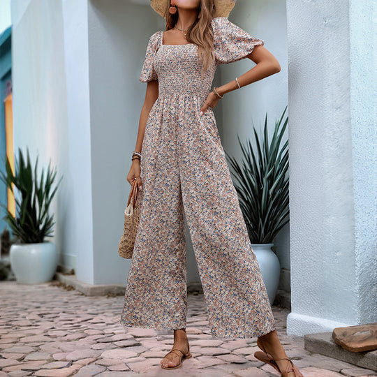 Damen farbenfrohes Blumensommeroverall mit Puffärmeln EB