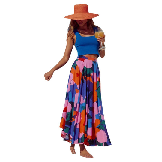 Damen Maxi-Rock mit buntem Blumendesign und fließendem Fall EB