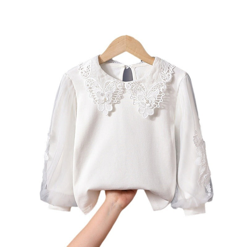 Mädchen modische Bluse mit eleganten Tüllärmeln und kunstvoller Spitzenverzierung EB