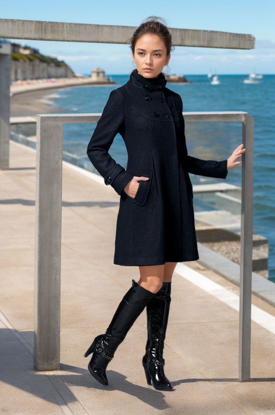 Damen eleganter Mantel mit hohem Kragen und funktionalen Taschen EB