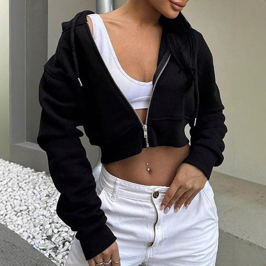 Damen cropped Kapuzenpullover mit Reißverschluss und sportlichem Design EB