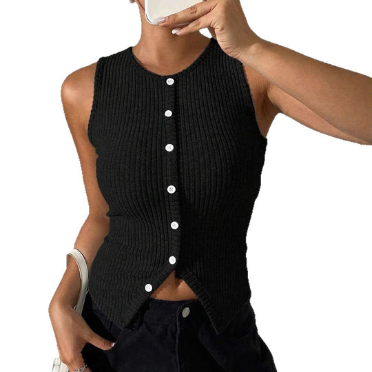 Damen Rippstrick Top mit Knopfleiste und schmalem Schnitt EB
