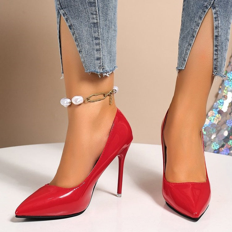 Damen elegante Pumps mit spitzem Zehenbereich und glänzender Oberfläche EB