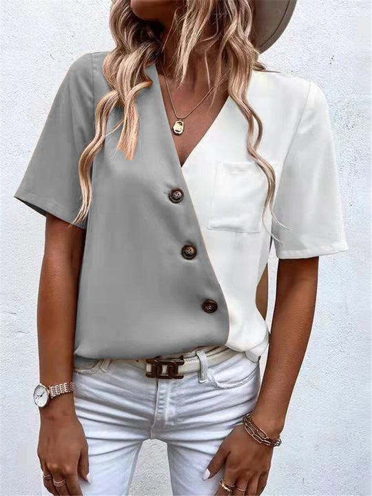 Damen Modisches Hemdblusenshirt mit asymmetrischen Farben und Knopfdetails EB