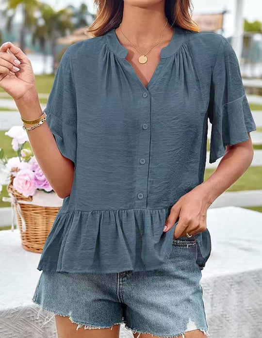 Damen Bluse mit Rüschenschößchen und halblangen Ärmeln EB