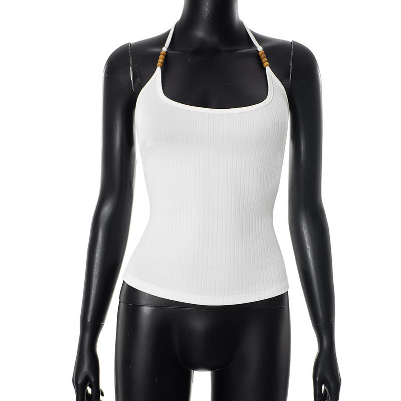 Damen Neckholder-Top aus hochwertigem Rib-Material mit dekorativen Holzakzenten EB